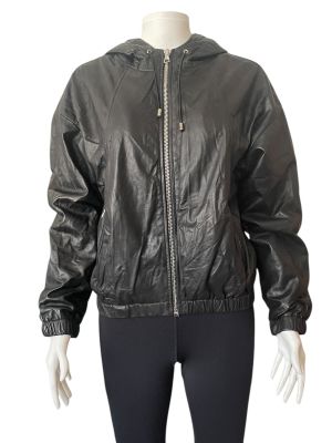 Дамско кожено яке с джобчета, качулка и цип SET S